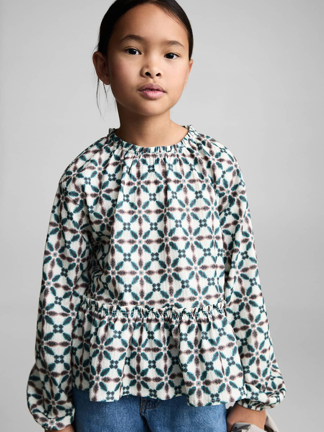 Mango Kids Girls Geometric Print Puff Sleeve Bohemian Cinched Waist Top