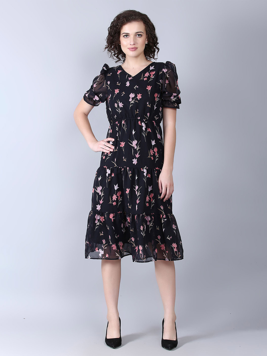 SHAHVEER CREATION Floral Print Georgette Fit & Flare Midi Dress