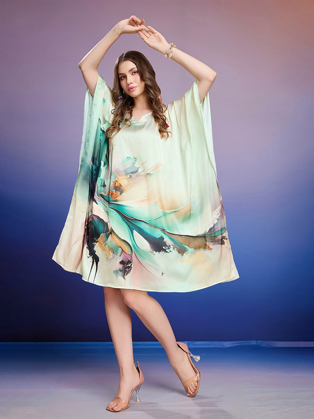 LABEL AARNA Women Celestial Cloud Soft Satin Short Kaftan with Digital Print