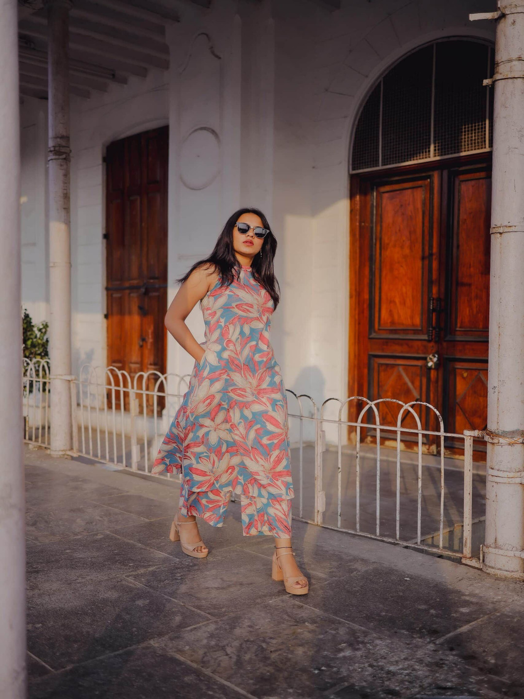 GoSriKi Floral Printed Round Neck A-Line Kurta with Palazzo