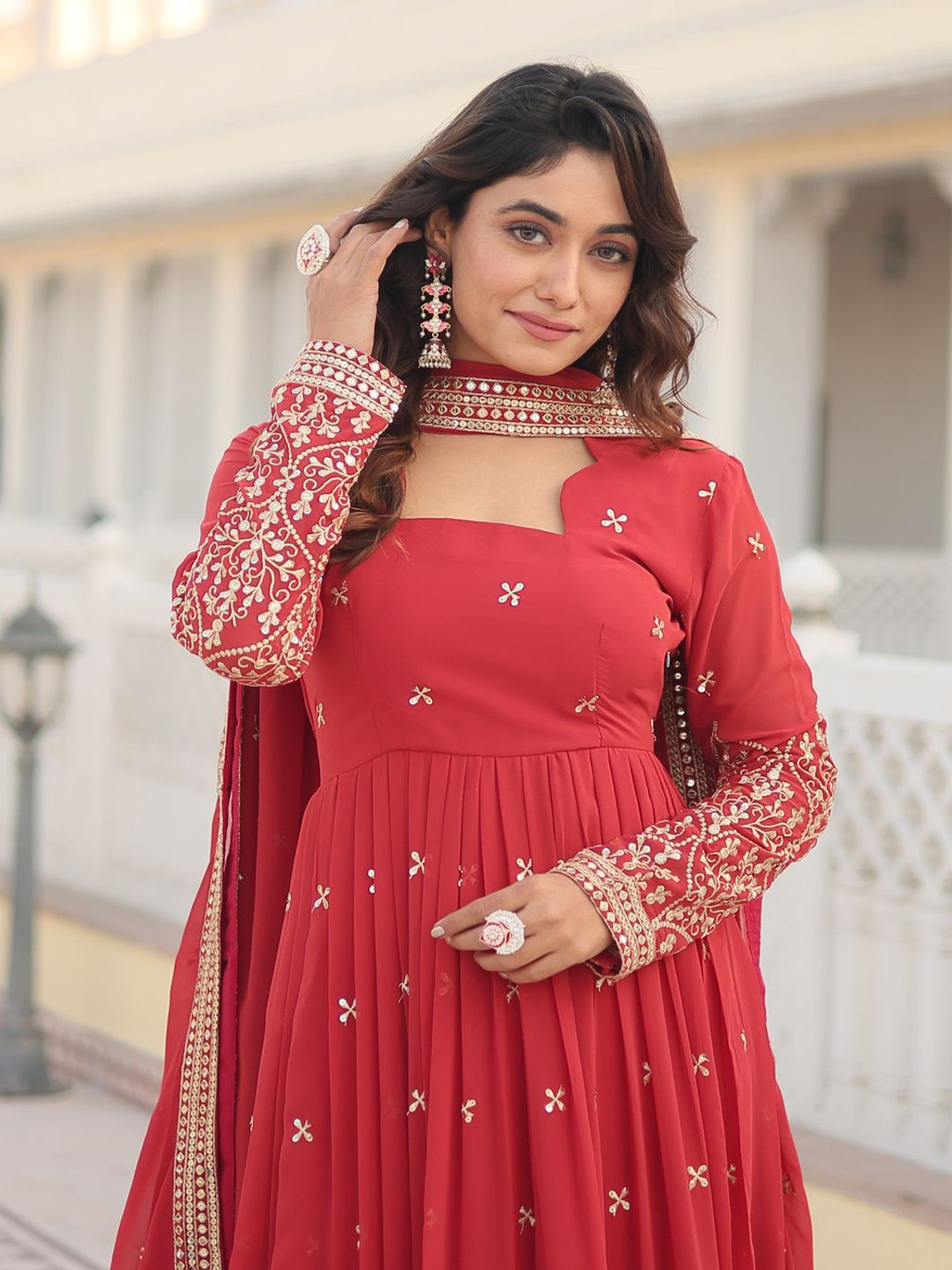 KALINI Women Ethnic Motifs Embroidered Sequence Work Fit & Flared Dress & Dupatta