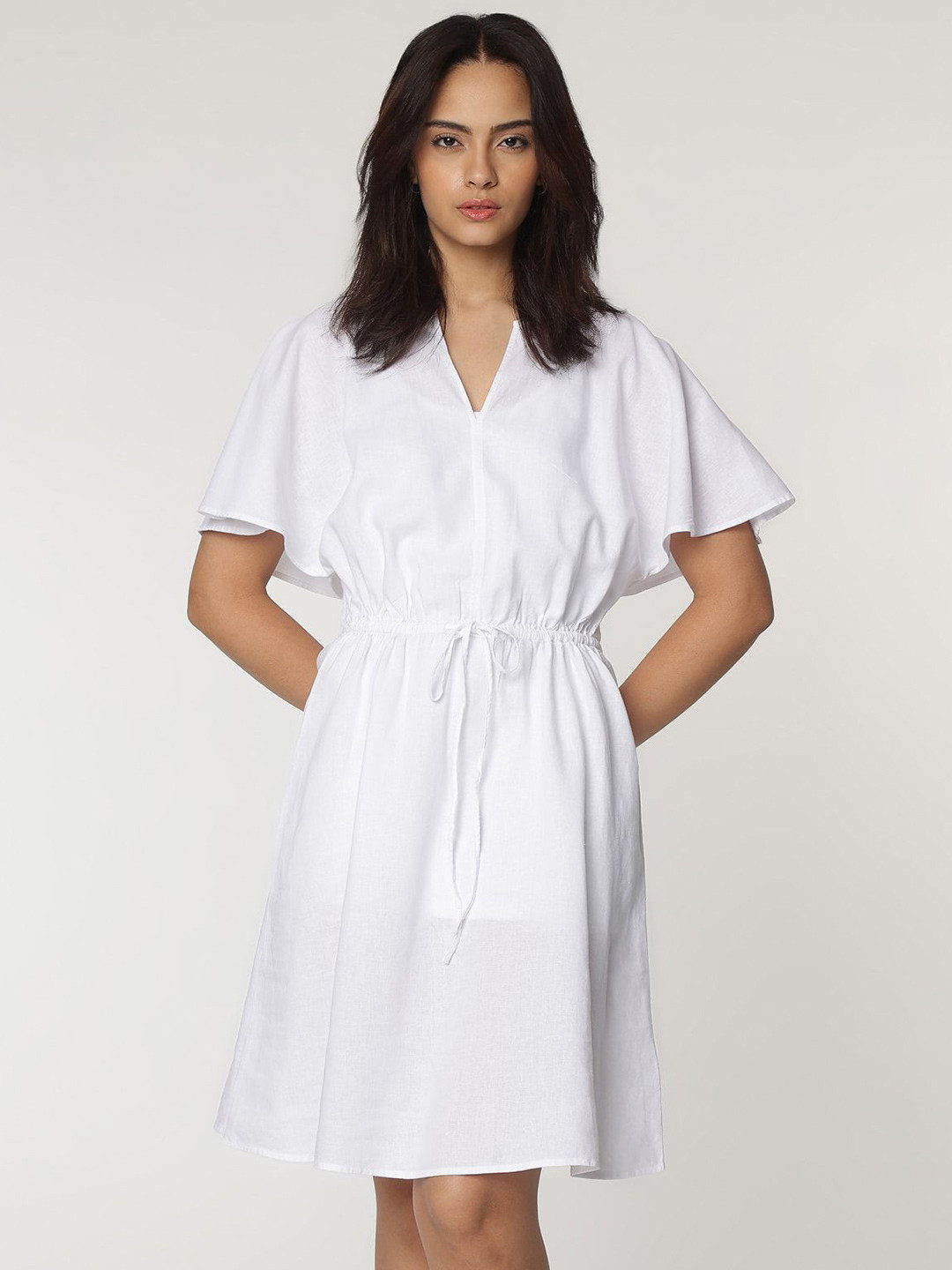 Linen Solid Flutter Sleeve Knee Length Dress