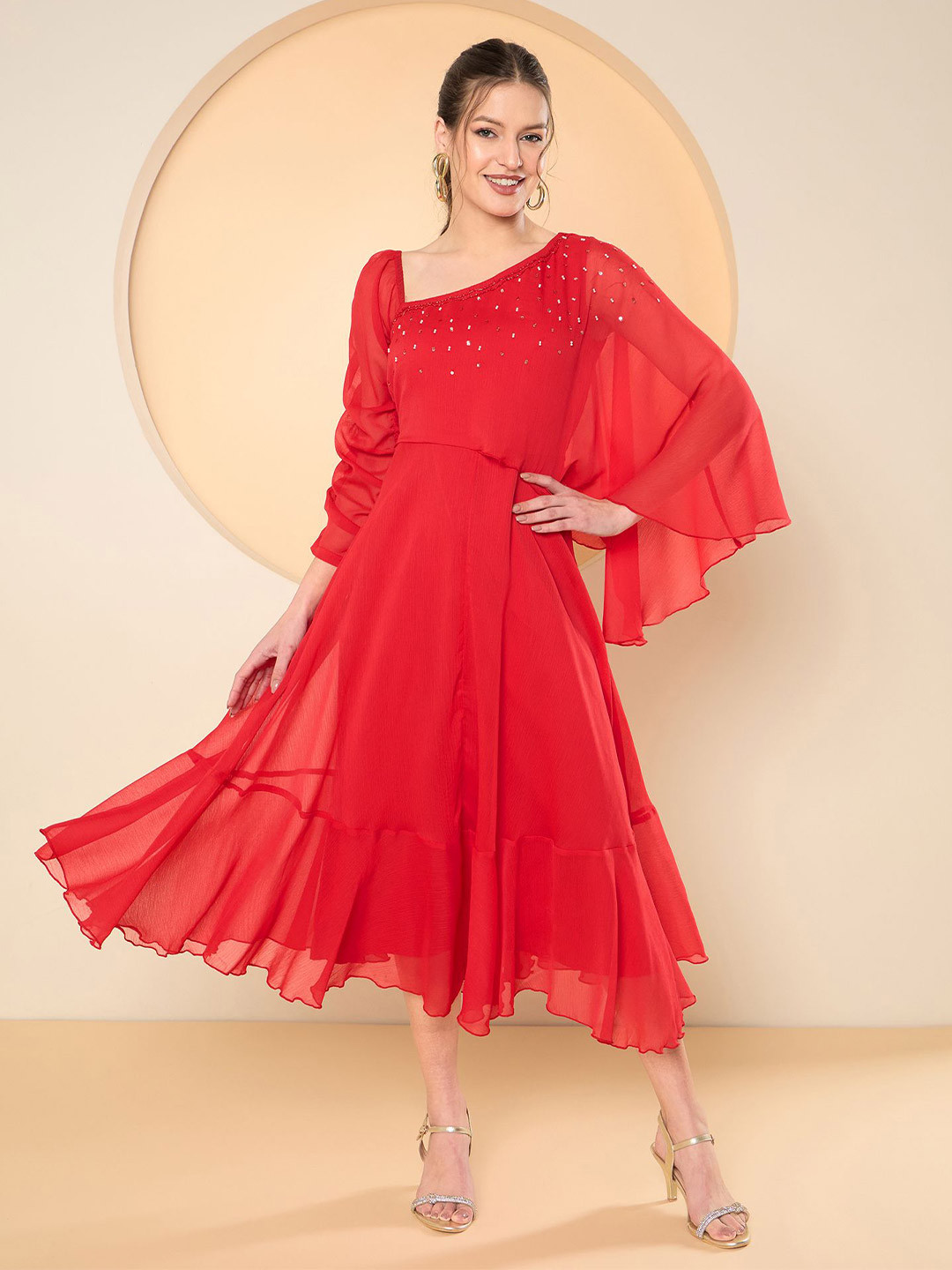 Antheaa Embellished Cape Sleeve Chiffon Fit & Flare Midi Dress