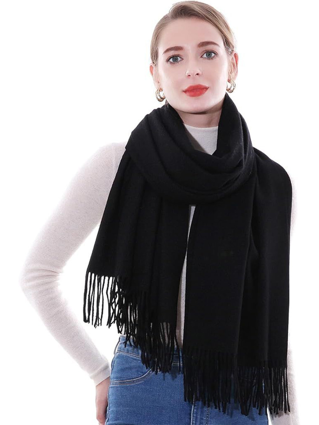 Alexvyan Women Winter Plain Solid Large Warm Fringed Woolen Soft Wrap & Stoles