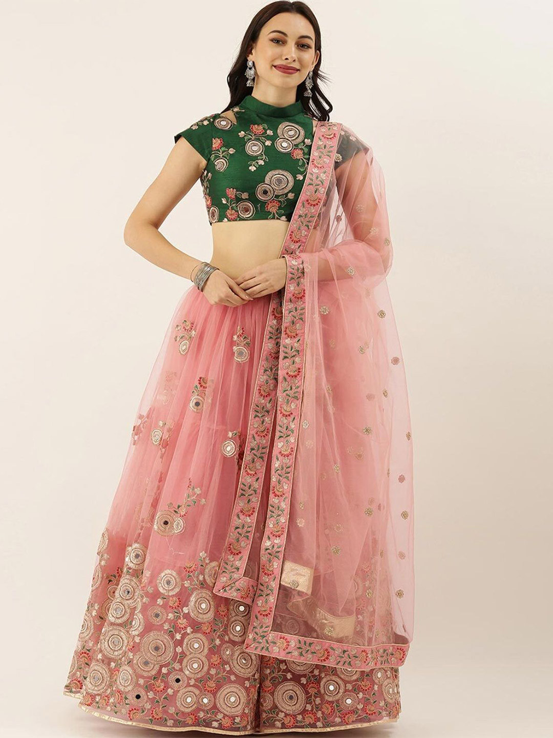 DIVINE EXIM Embroidered Mirror Work Semi-Stitched Lehenga & Unstitched Blouse With Dupatta