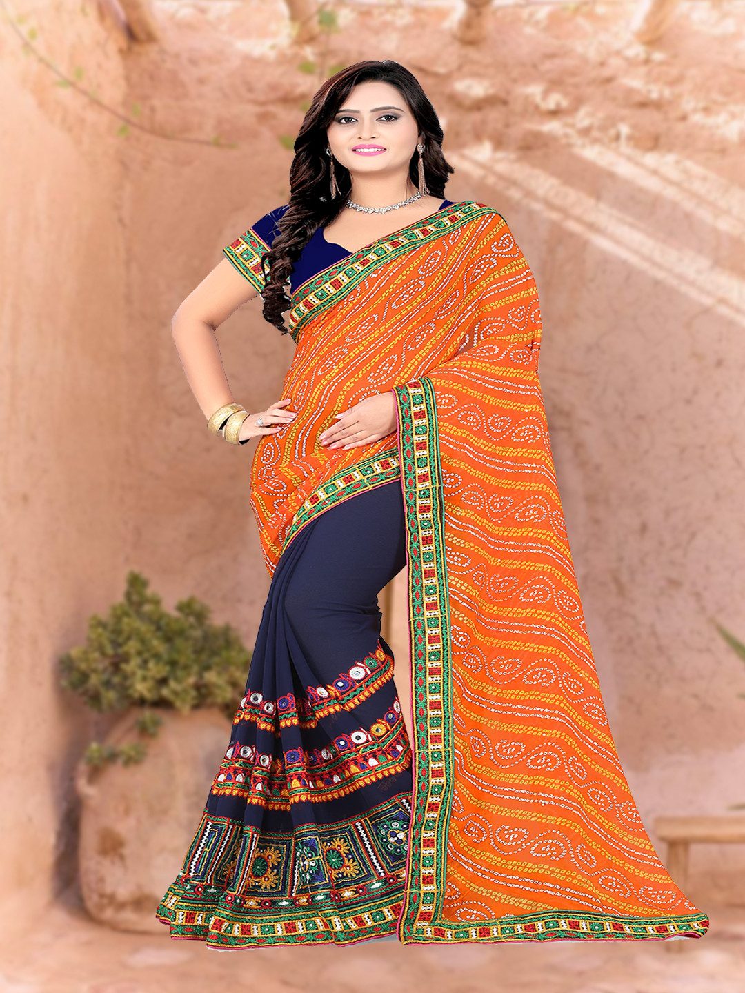 KALINI Navy Blue & Orange Bandhani Embroidered Saree