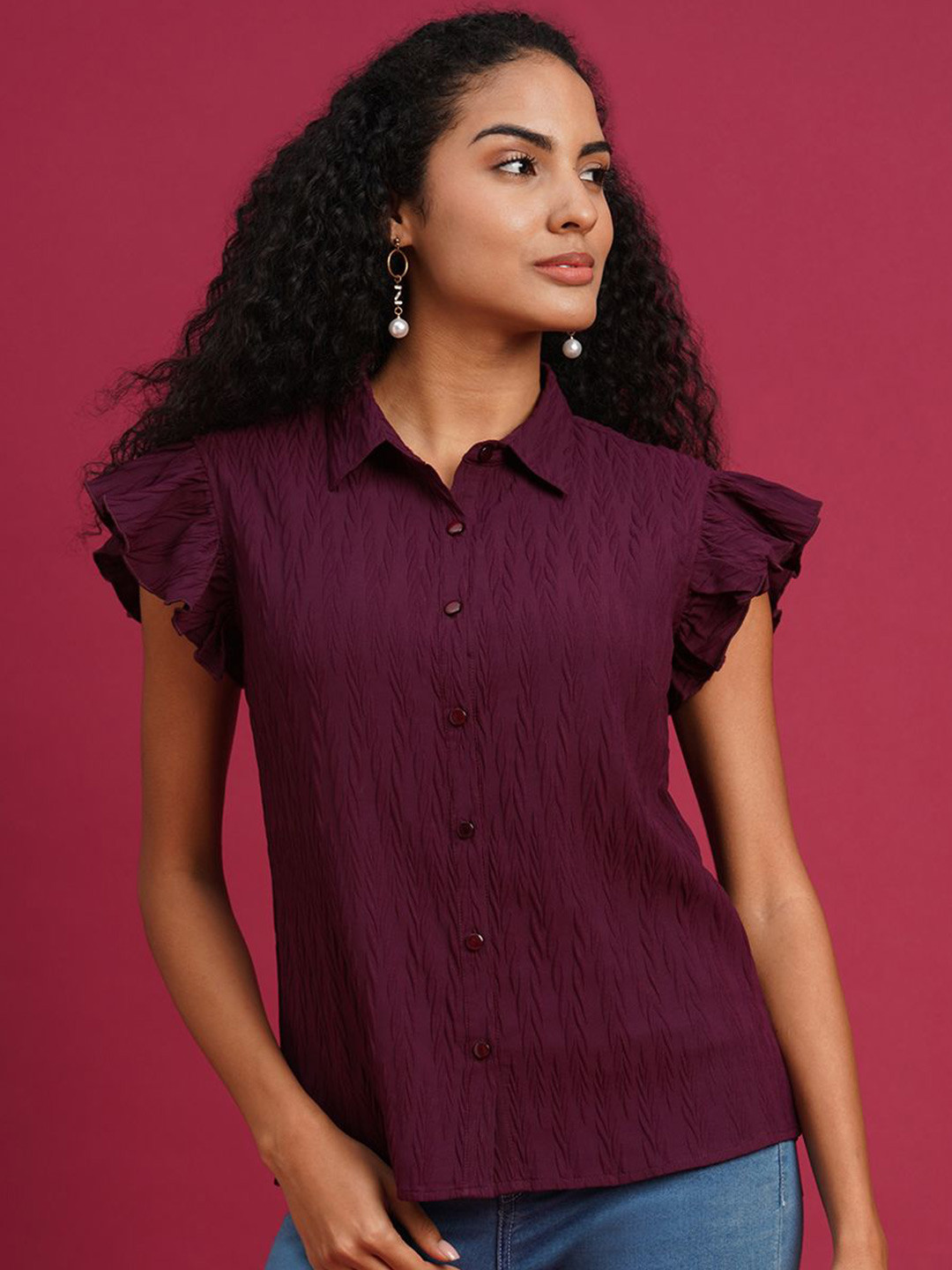 all about you Women Standard Spread Collar Textured Casual Shirt