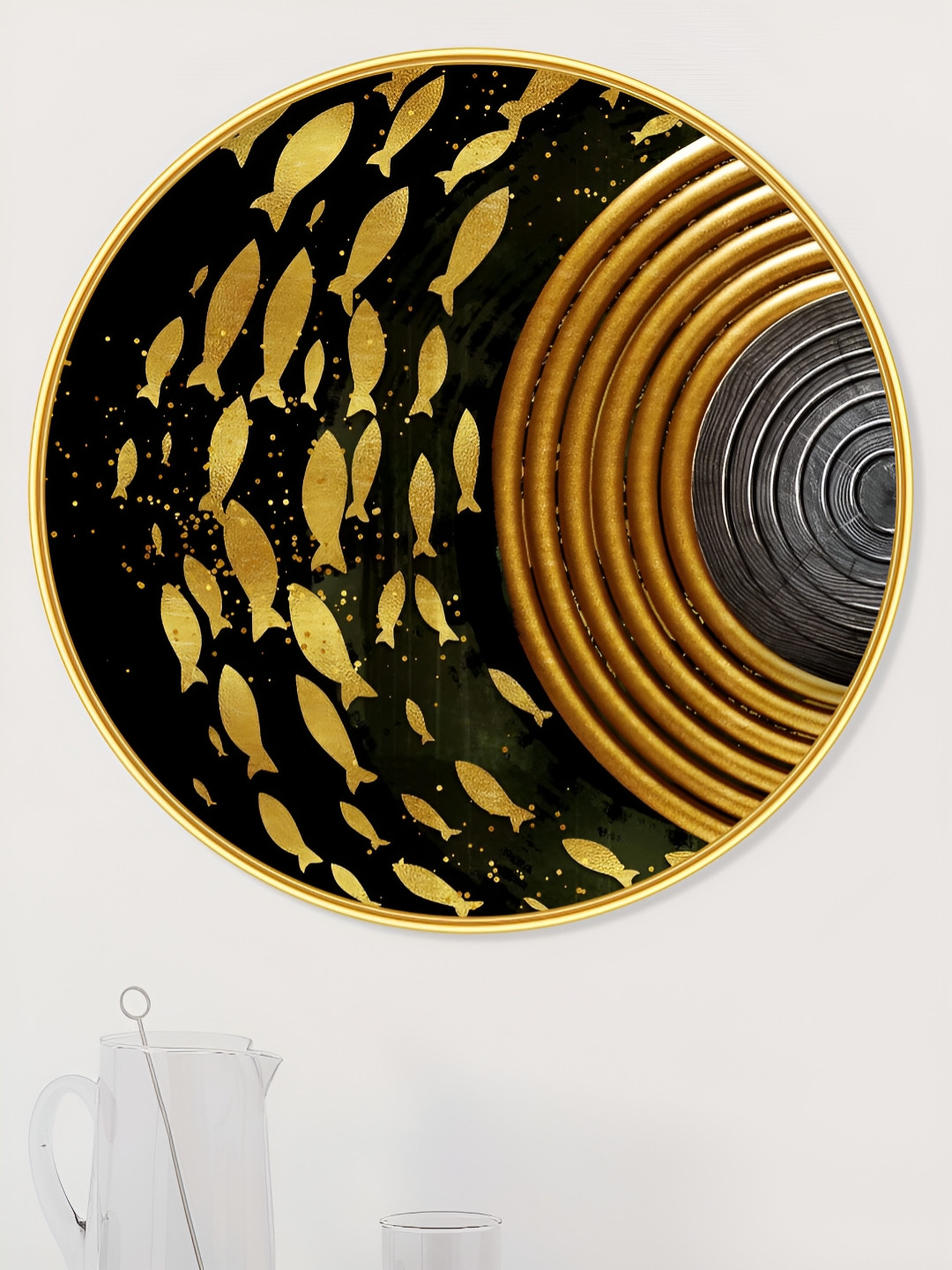 SAF Black Synthetic Wood Wall Living Room Round Paintings Wall Art -22.83 x 22.83In