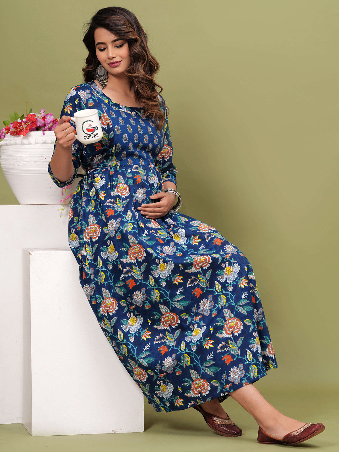 UrbanRang Women Floral Printed Cotton Maternity Fit and Flare Maxi Dress
