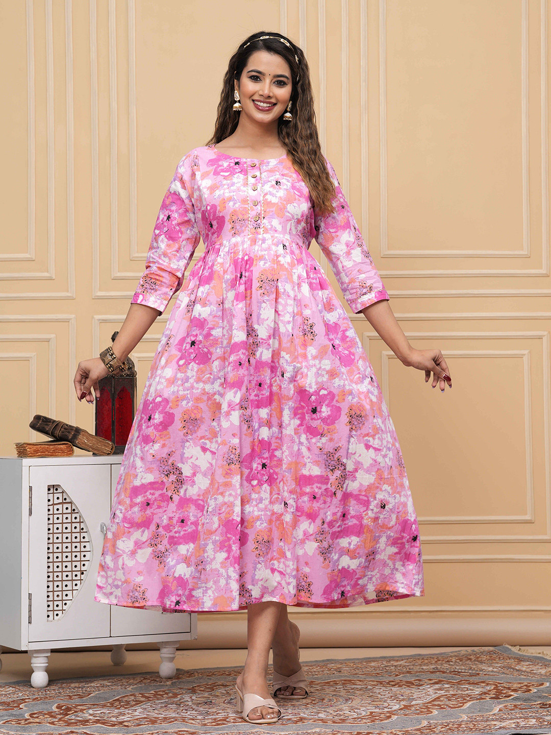 UrbanRang Women Floral Printed Cotton Maternity Fit and Flare Midi Dress