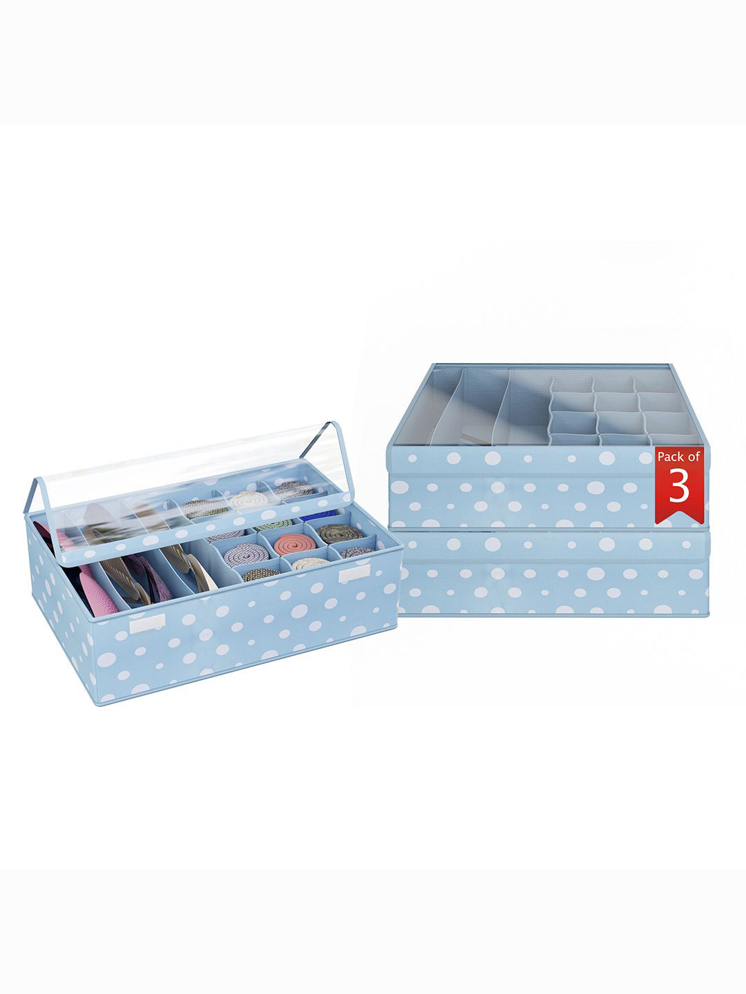 Kuber Industries Blue 3 Pcs Printed Reusable Drawer Socks Organisers With Transparent Lid