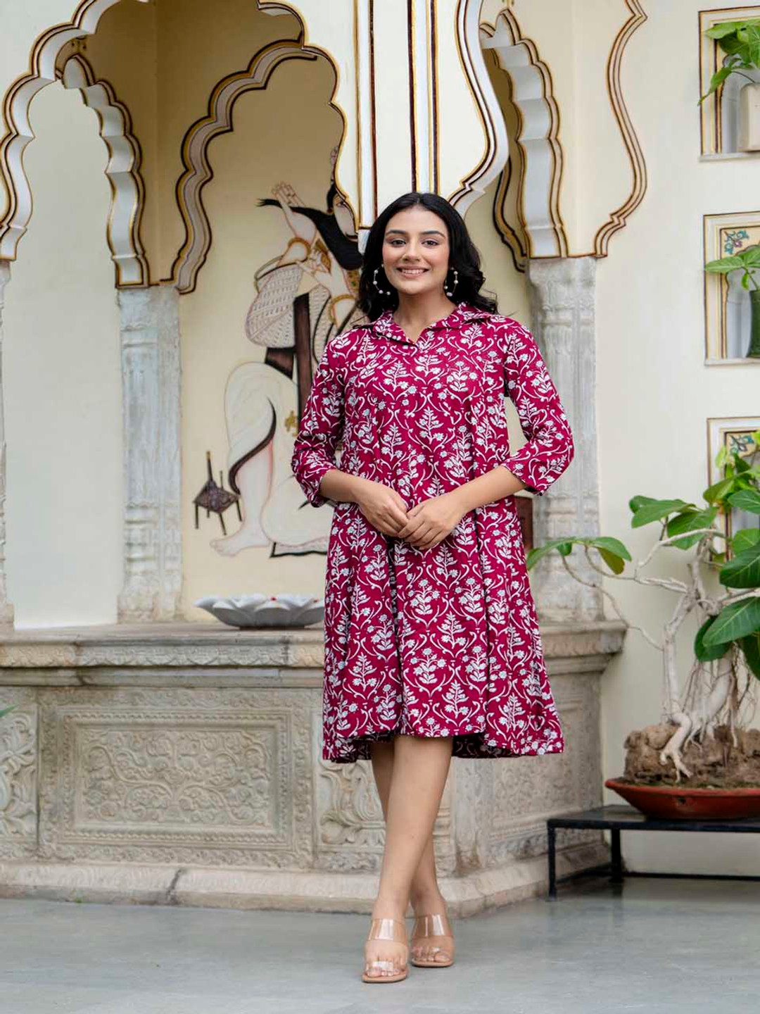 Demirner Floral Printed Shirt Collar Anarkali Ethnic Dress