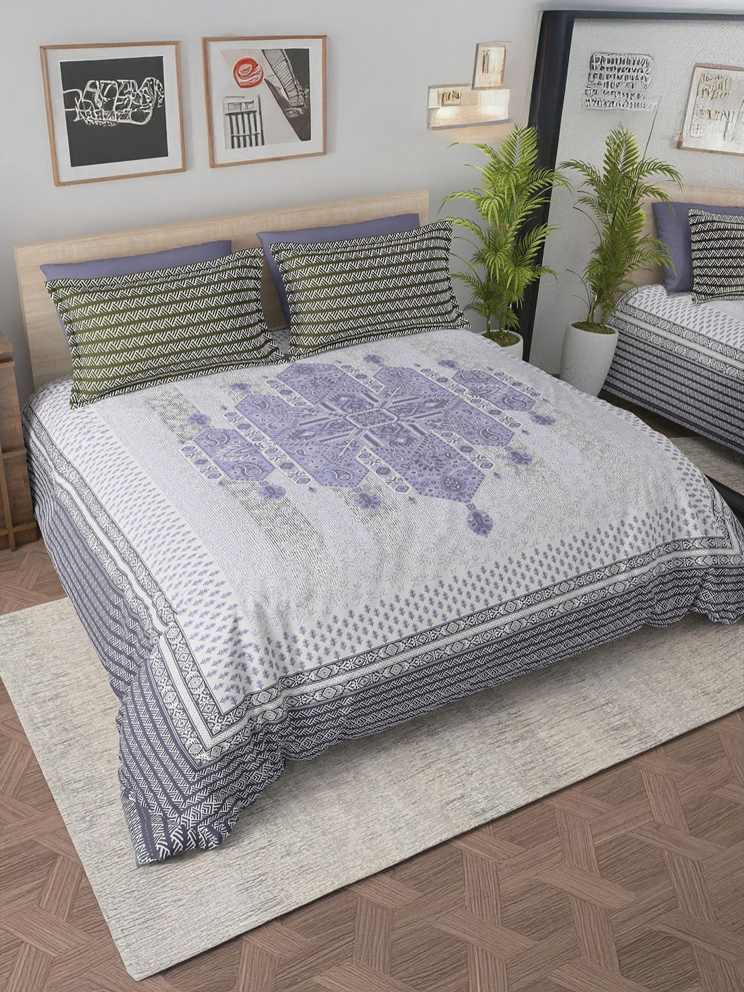 Aura Day Night Collection Purple Ethnic Motifs Microfiber 140 TC Queen Bedsheet with 2 Pillow Covers-90 x 98 inches