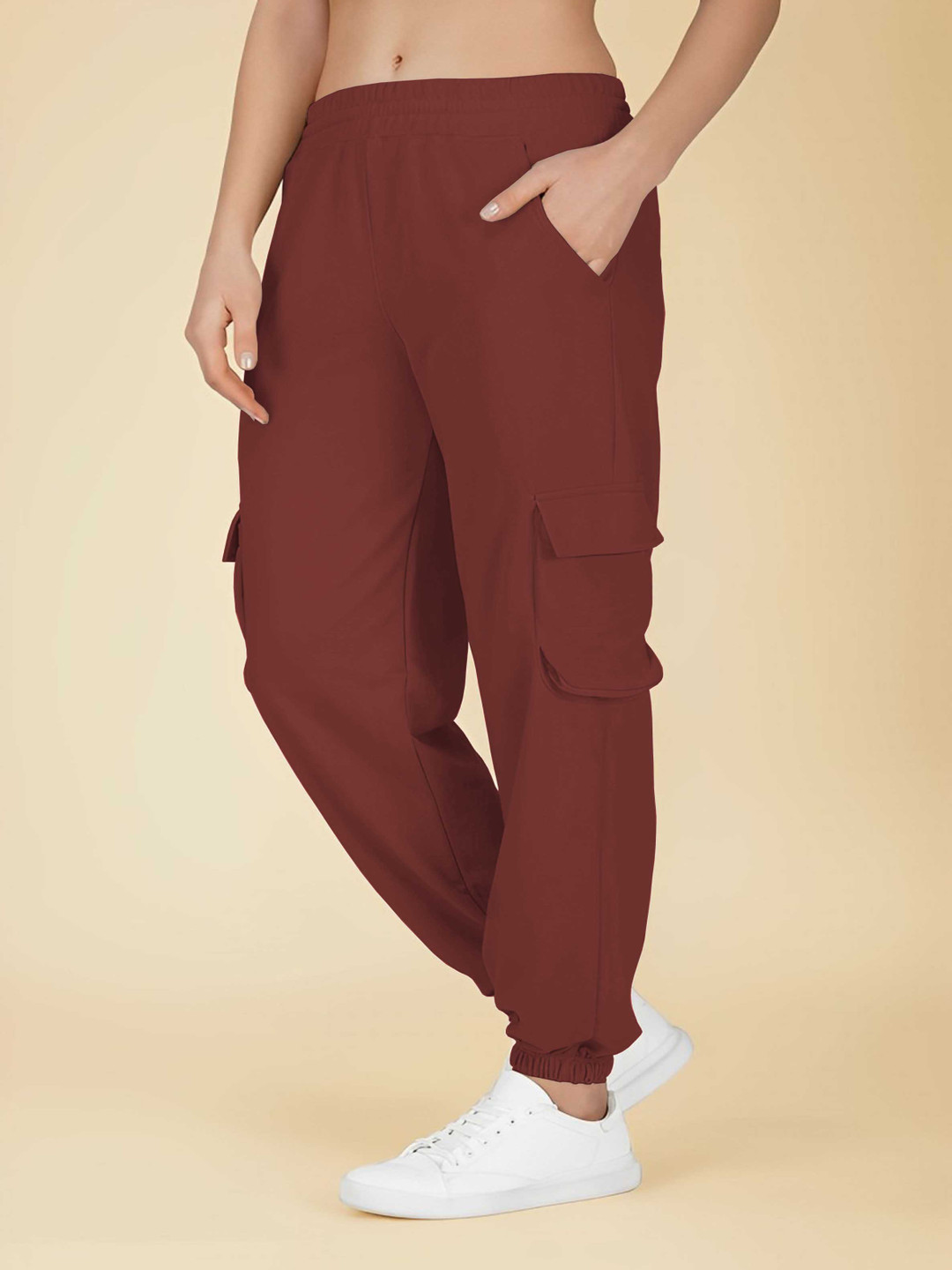 Parona Coffee Brown Solid Mid-Rise Cargo Joggers