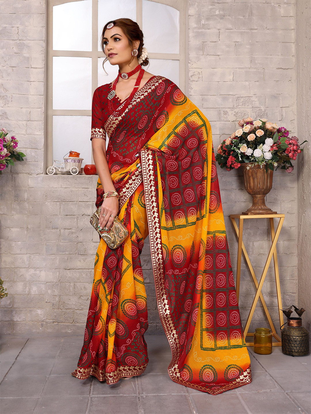 ANIRAV Bandhani Poly Georgette Bandhani Saree