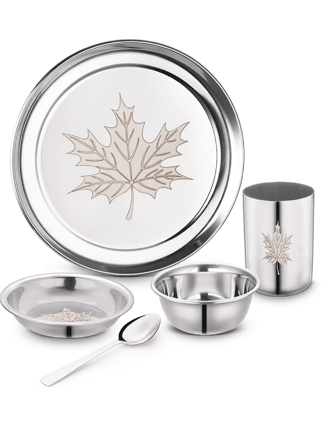 Classic Essentials Maple Heavy Gauge with Permanent Laser Design Silver Leaf Stainless Steel Easy to Clean 5 Piece Dinner Set