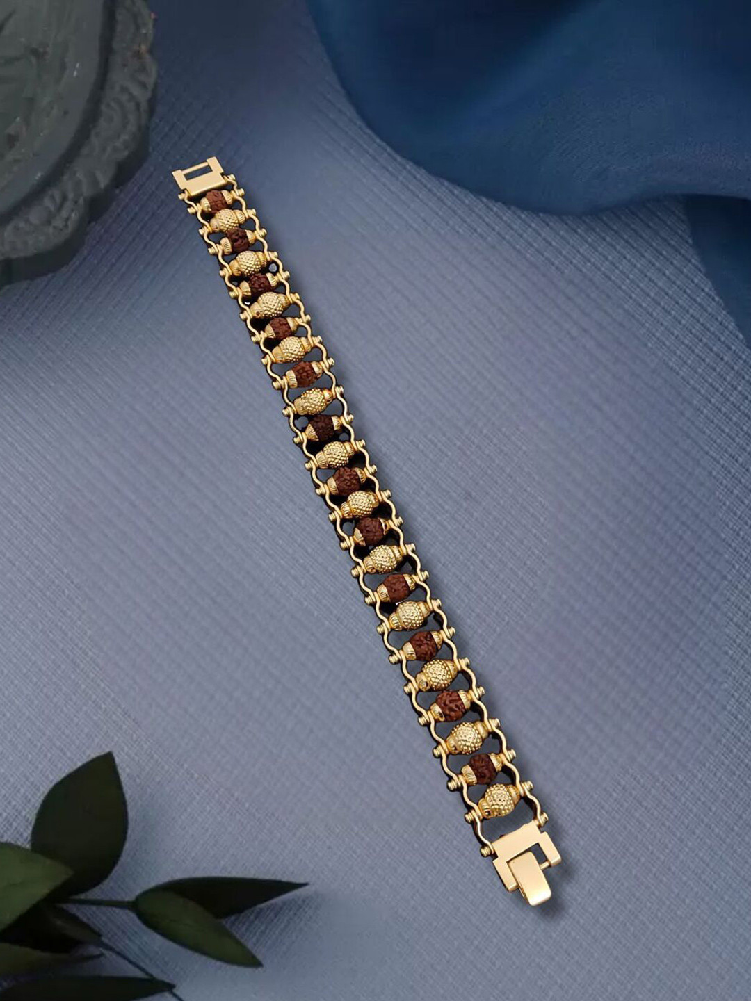 SOLIBELLE Men Gold-Plated Wooden Antique Rudraksh Bracelet