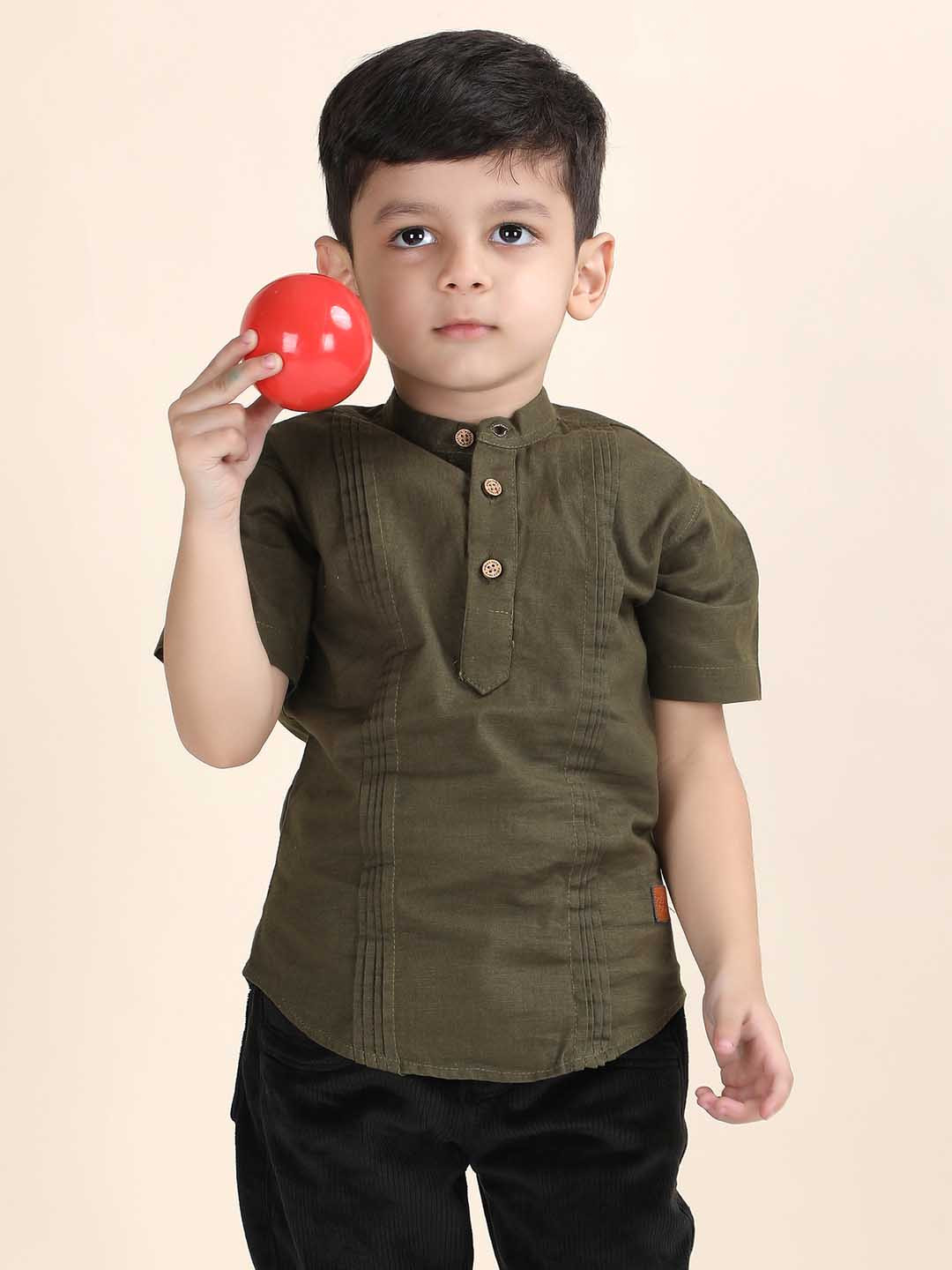 Polka Tots Boys Band Collar Short Sleeves Pin Tucks Straight Kurta