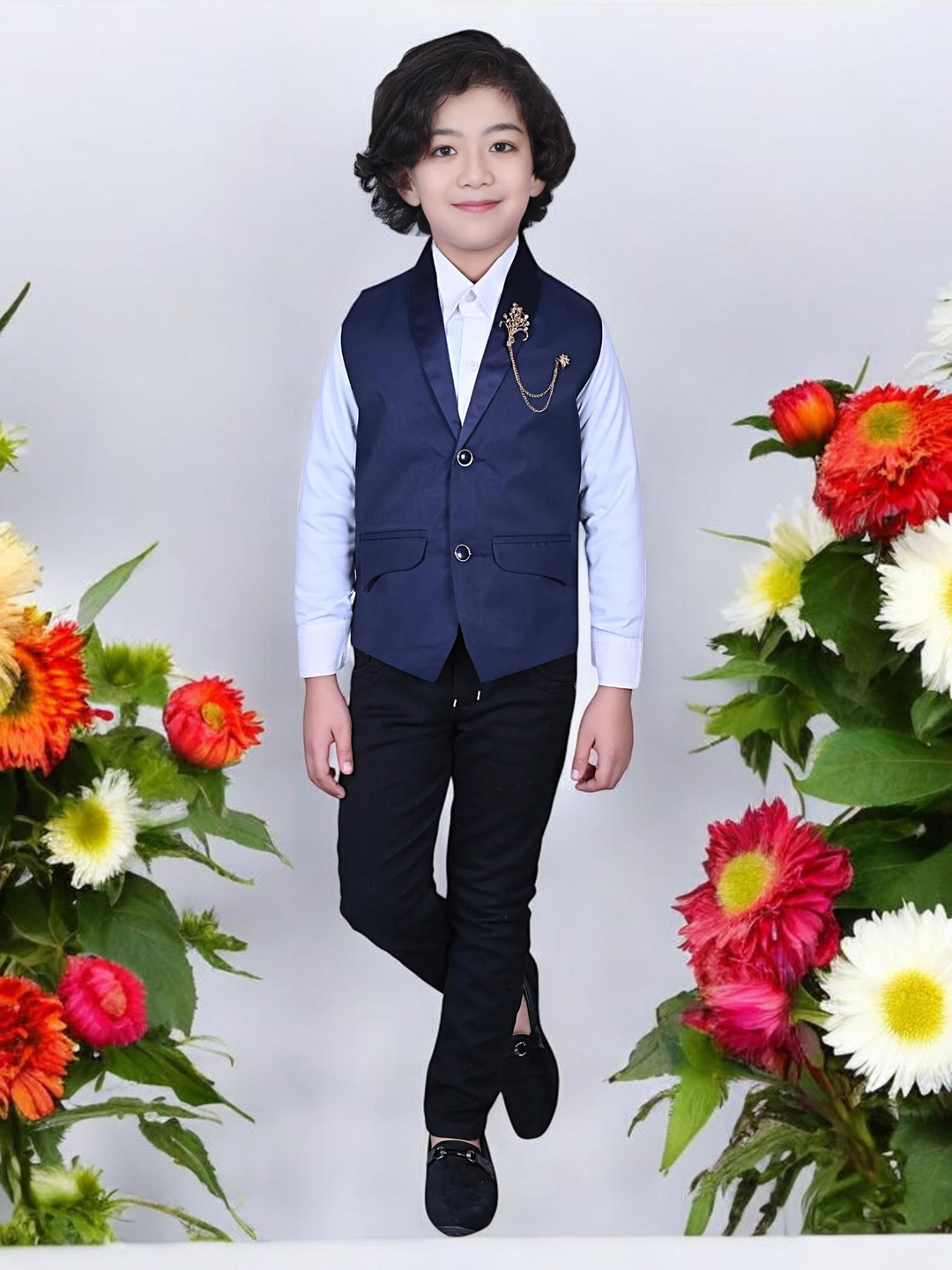 Qtsy Boys V-Neck Corduroy Weave Waistcoat With Shirt