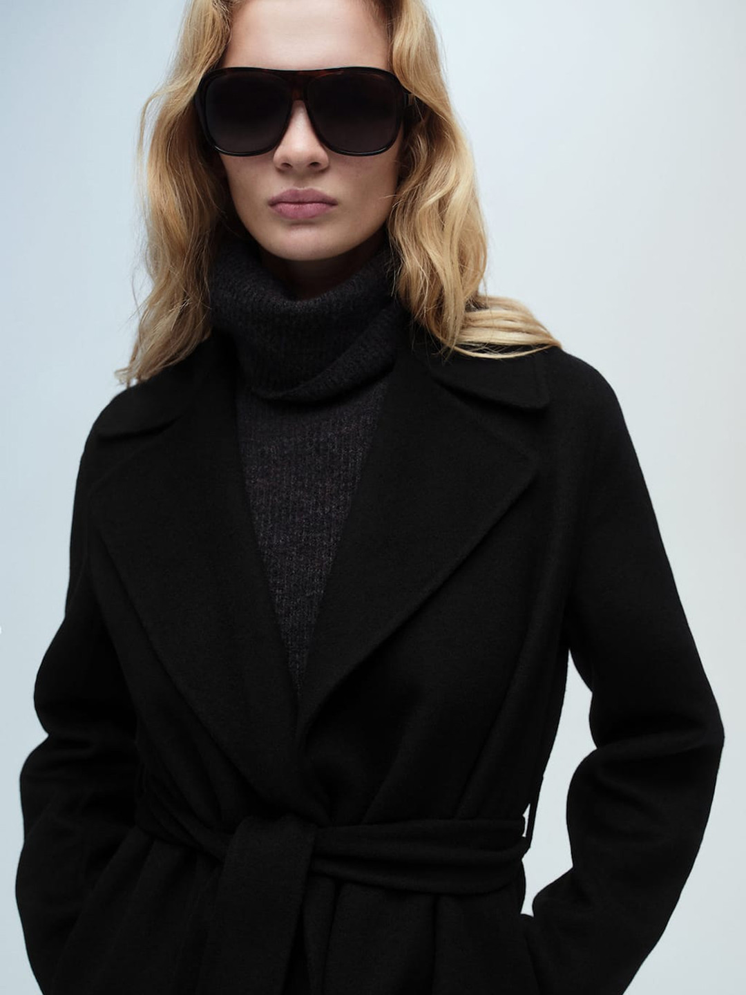 MANGO Notched Lapel Collar Oversized Front-Open Handmade Longline Overcoat with Belt