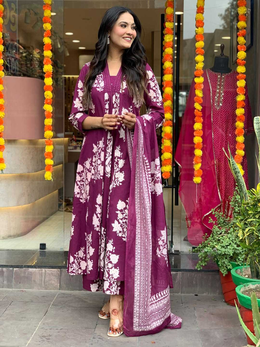 SOMAPAH Women Floral Embroidered Pleated Mirror Work Pure Cotton Kurta with Trousers & With Dupatta