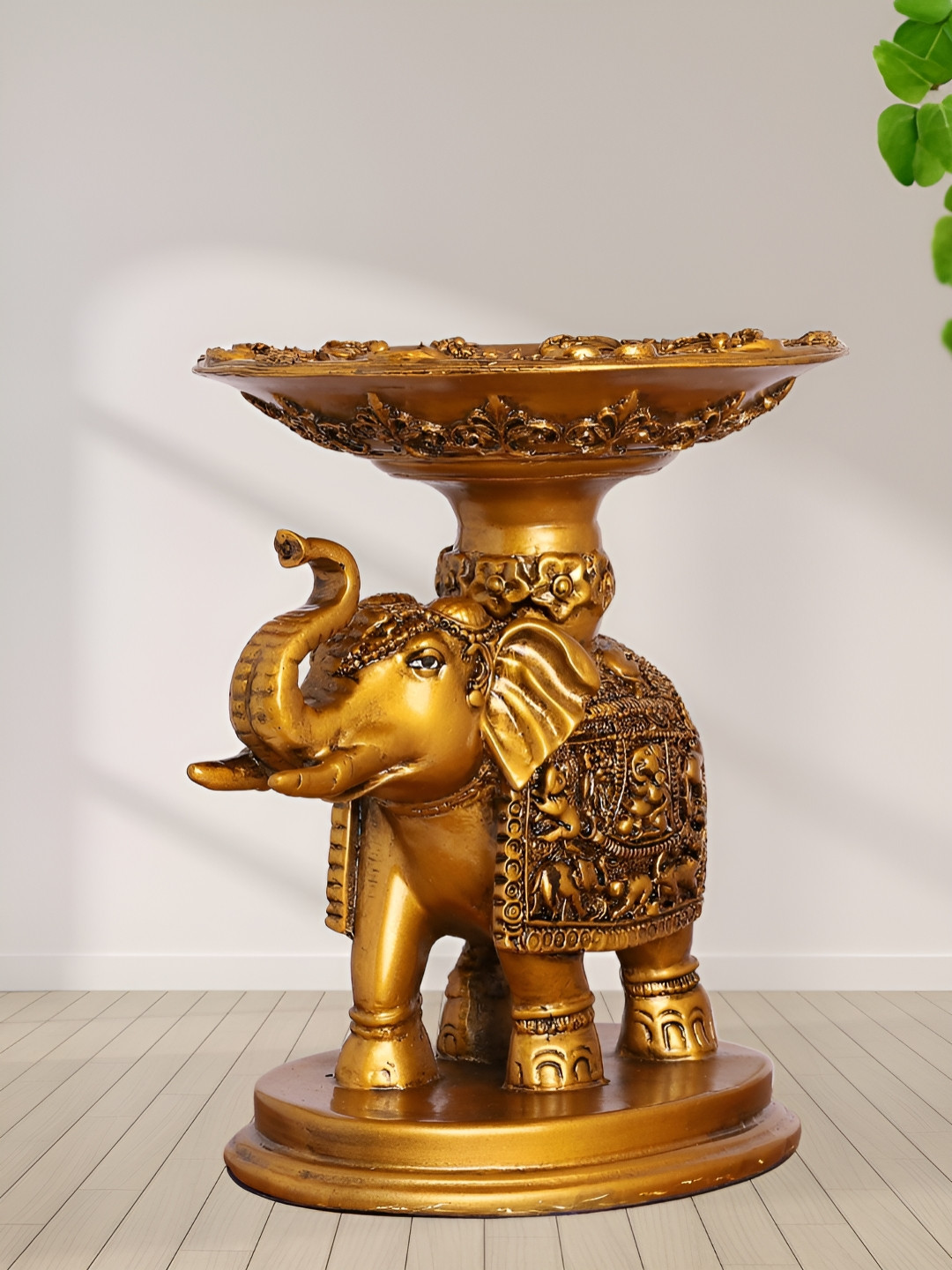 INTERNATIONAL GIFT Elephant Bowl Stand Gold Polyresin Natural Living Room Hand-Crafted Large Showpiece - 11 Inches