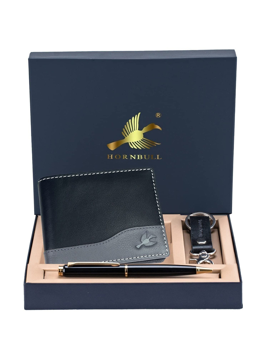 Hornbull Men Buttler Black Leather Wallet, Keyring & Pen Combo Accessory Gift Set