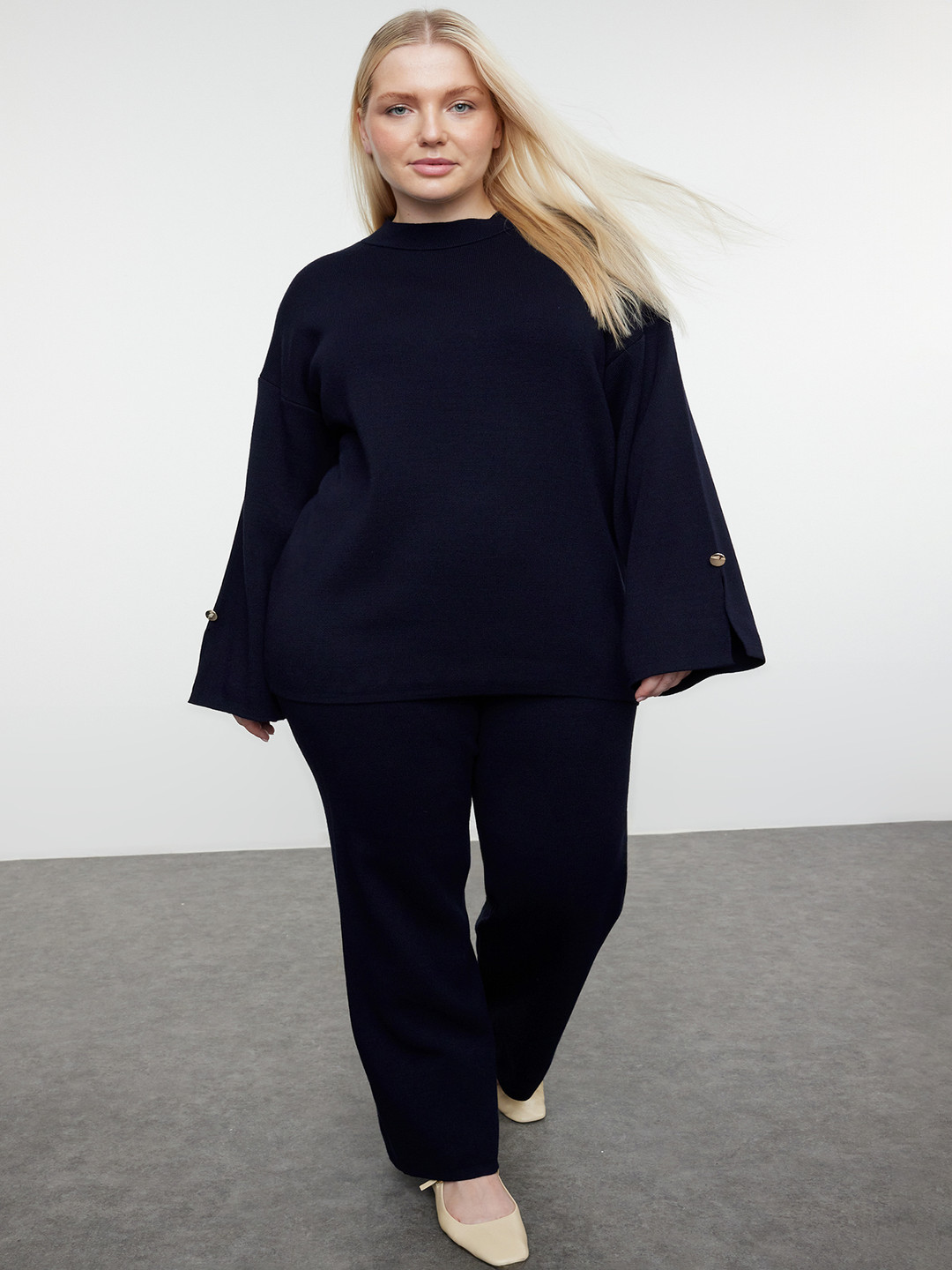 Trendyol Plus Size High Neck Bell Sleeves Sweater With Trousers