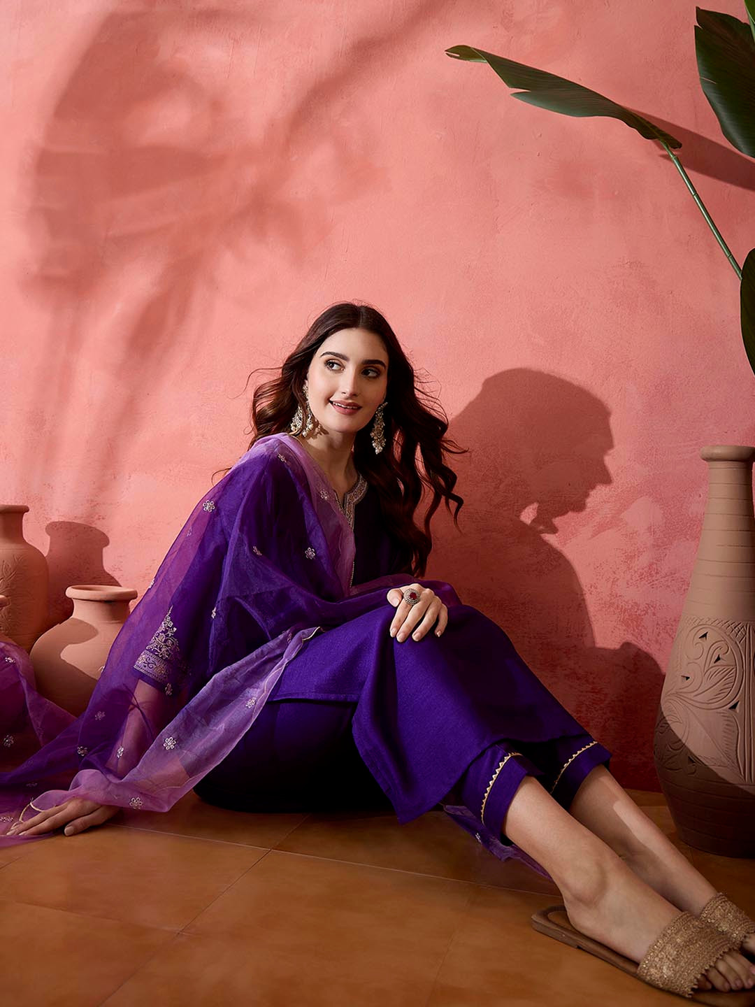 Sangria Purple Floral Yoke Design Notch Neck Zari Kurta With Trouser And Dupatta
