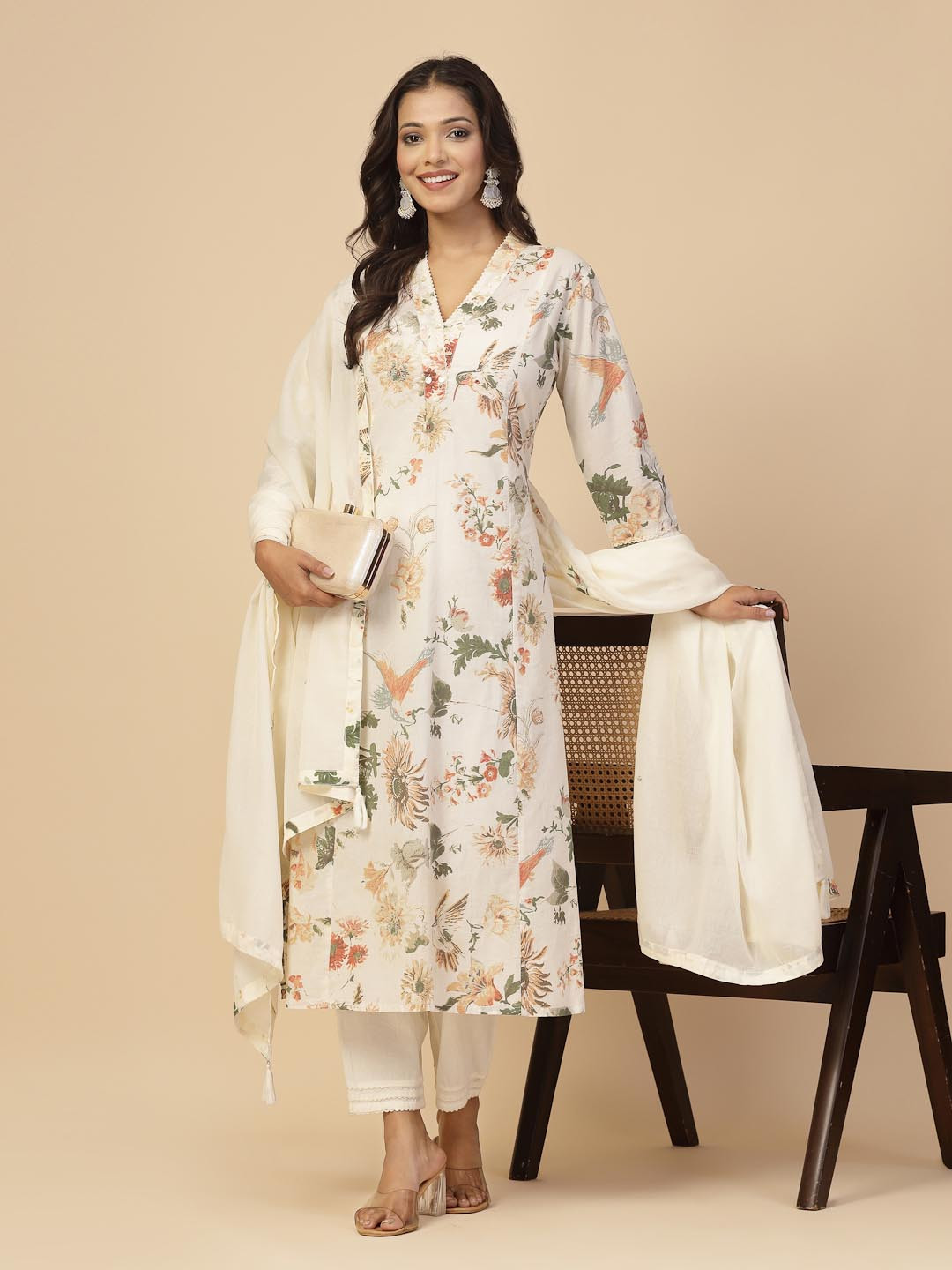 Shangri LA MS Designs Floral Printed Pure Cotton A-Line Kurta With Trousers & Dupatta