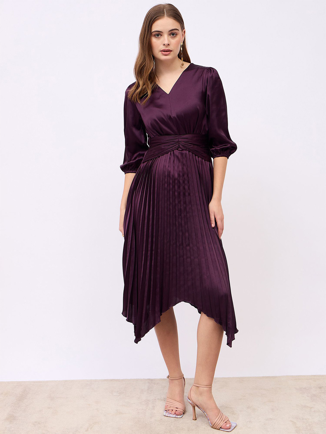 Styli V-Neck Puff Sleeves Pleated A-Line Midi Dress