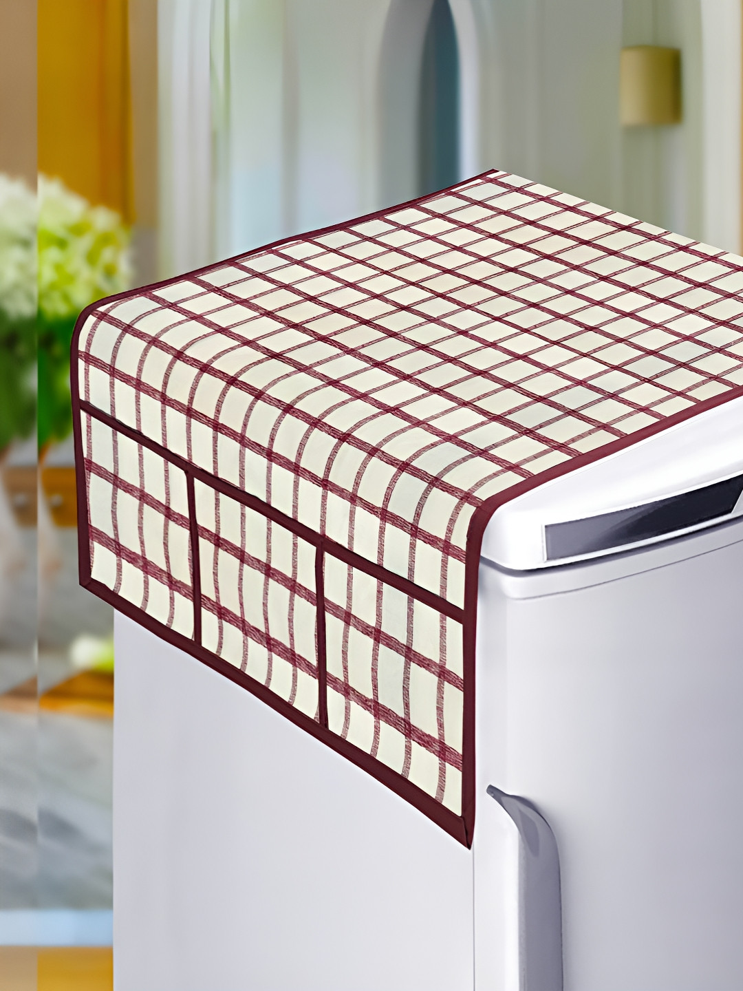 KANUSHI INDUSTRIES Beige & Maroon Checked Waterproof & Dustproof Fridge Top Cover