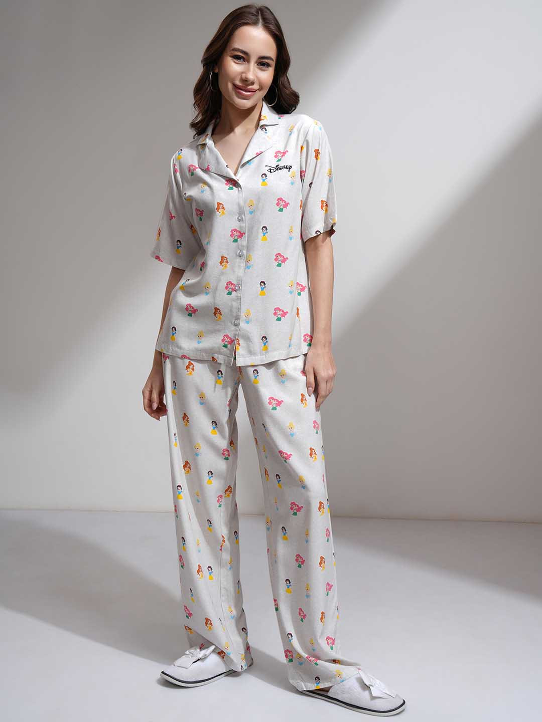 Tokyo Talkies Cartoon Characters Printed Lapel Collar Shirt With Pyjamas Night Suits