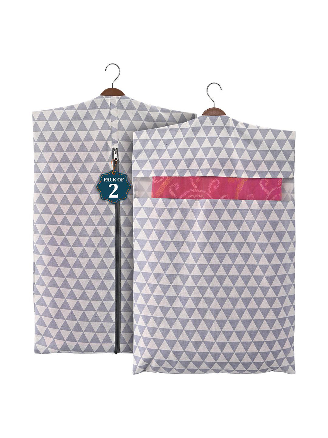 Kuber Industries Grey 2 Pcs Geometric Printed Mesh Cotton Hanging Saree Storage Organisers