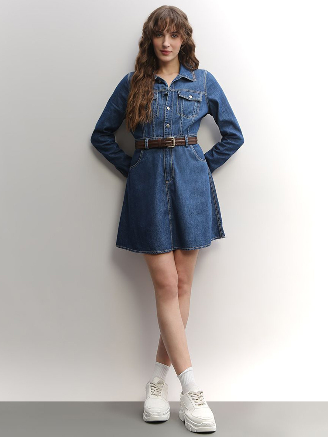 Vero Moda Women Shirt Collar Pure Cotton Denim A-Line Dress