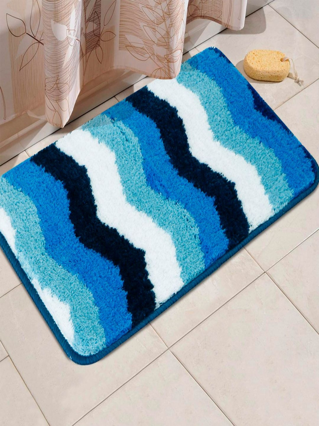 HOKIPO Blue & White Patterned Microfibre 2800 GSM Bath Rug