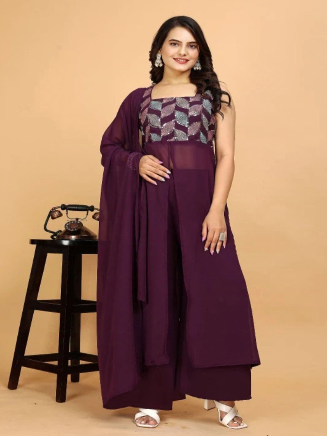 Maeswag Embroidered Georgette Sequinned Straight Kurti with Palazzos & Dupatta