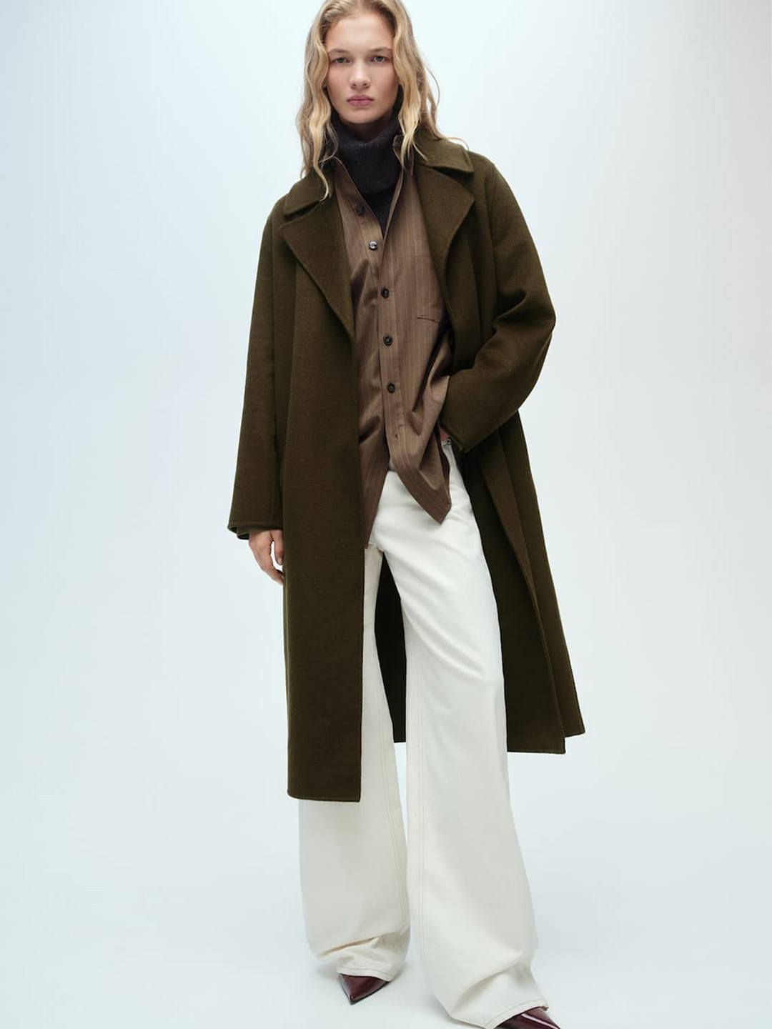 MANGO Notched Lapel Collar  Front-Open Longline Handmade Overcoat with Belt
