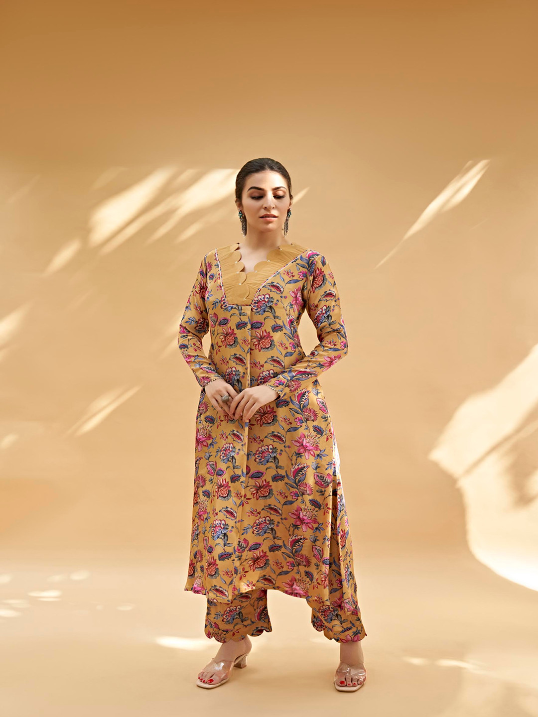 SUKRUTI DESIGN Floral Printed Sequinned A Line Kurta With Trousers