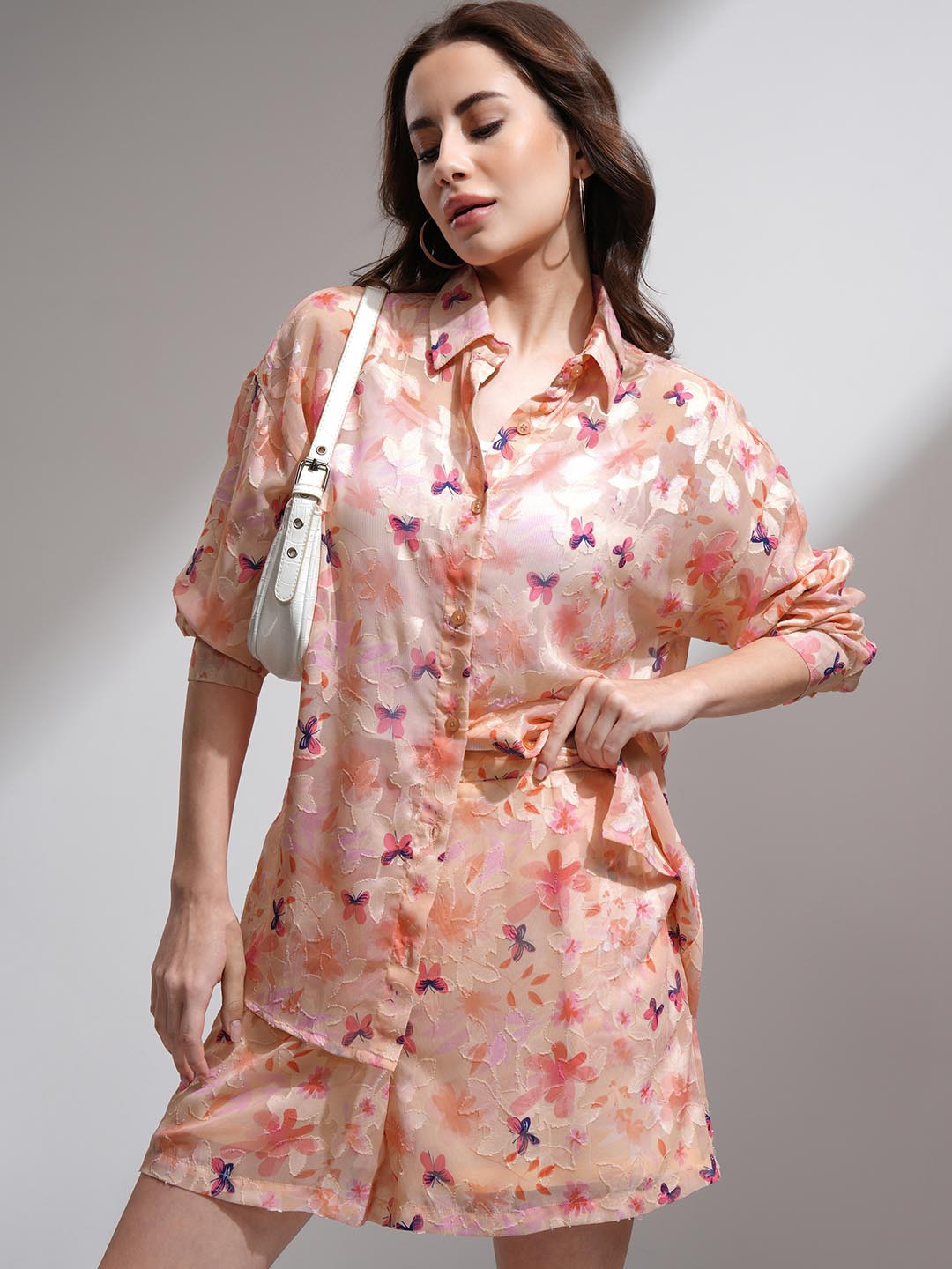 Tokyo Talkies Women Textured Jacquard Shirt with Shorts Co-Ord Set