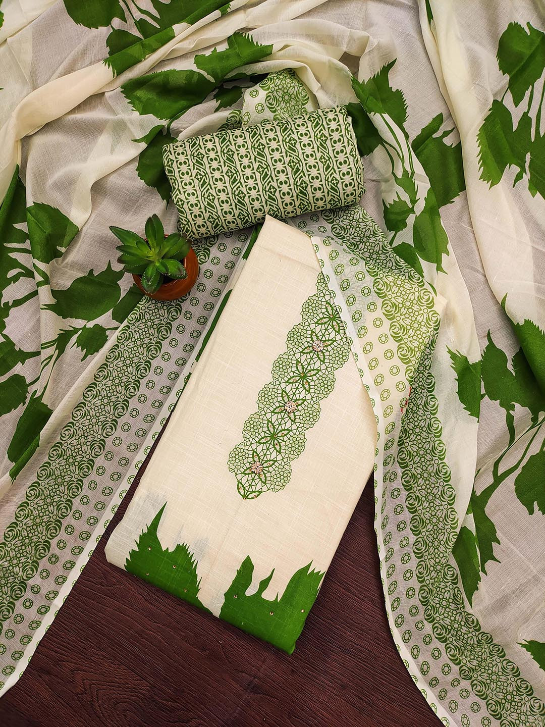 Maroosh Floral Printed Stones Studded Cotton Unstitched Dress Material