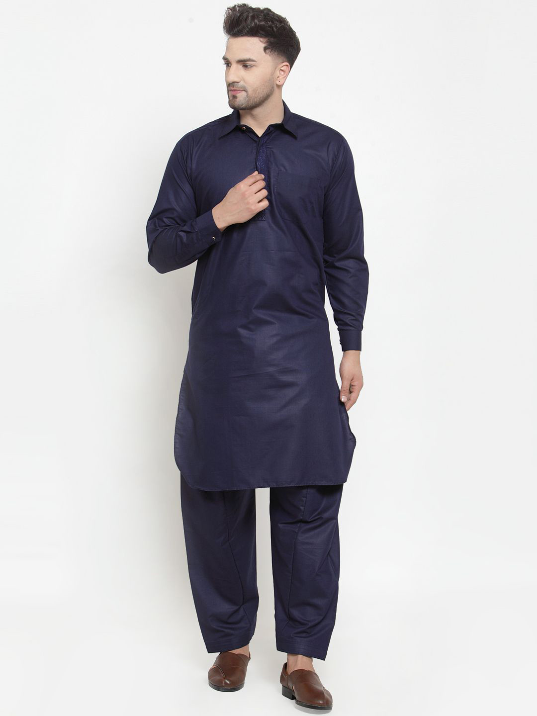 Kaifoo Shirt Collar Thread Work Pleated Cotton Linen Pathani Kurta with Salwar