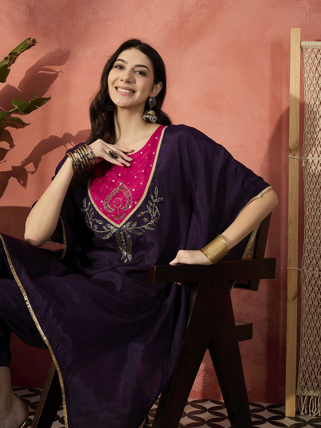 Sangria Burgundy Yoke Design Beads And Stones Round Neck Kaftan Kurta With Trousers
