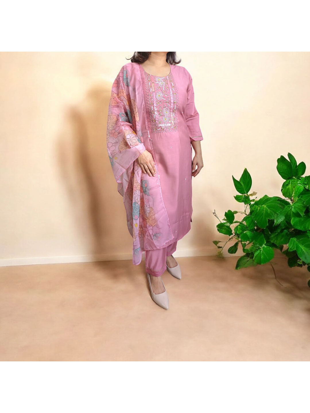 Nadora Fashions Women Floral Embroidered Regular Silk Crepe Kurta with Pyjamas & With Dupatta