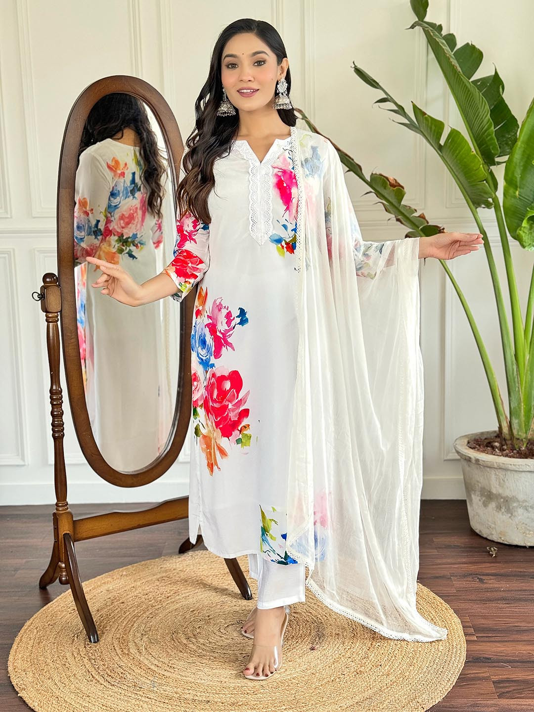 SHOPONBIT Floral Printed Notch Neck Silk Crepe Straight Kurta With Trousers & Dupatta