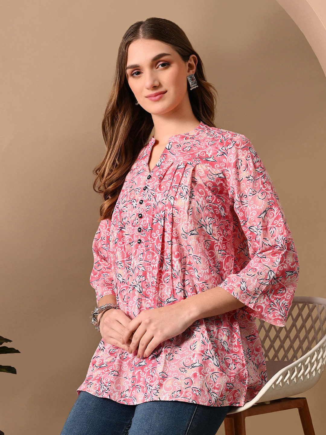 Dipani Women Floral Printed Mandarin Collar Top