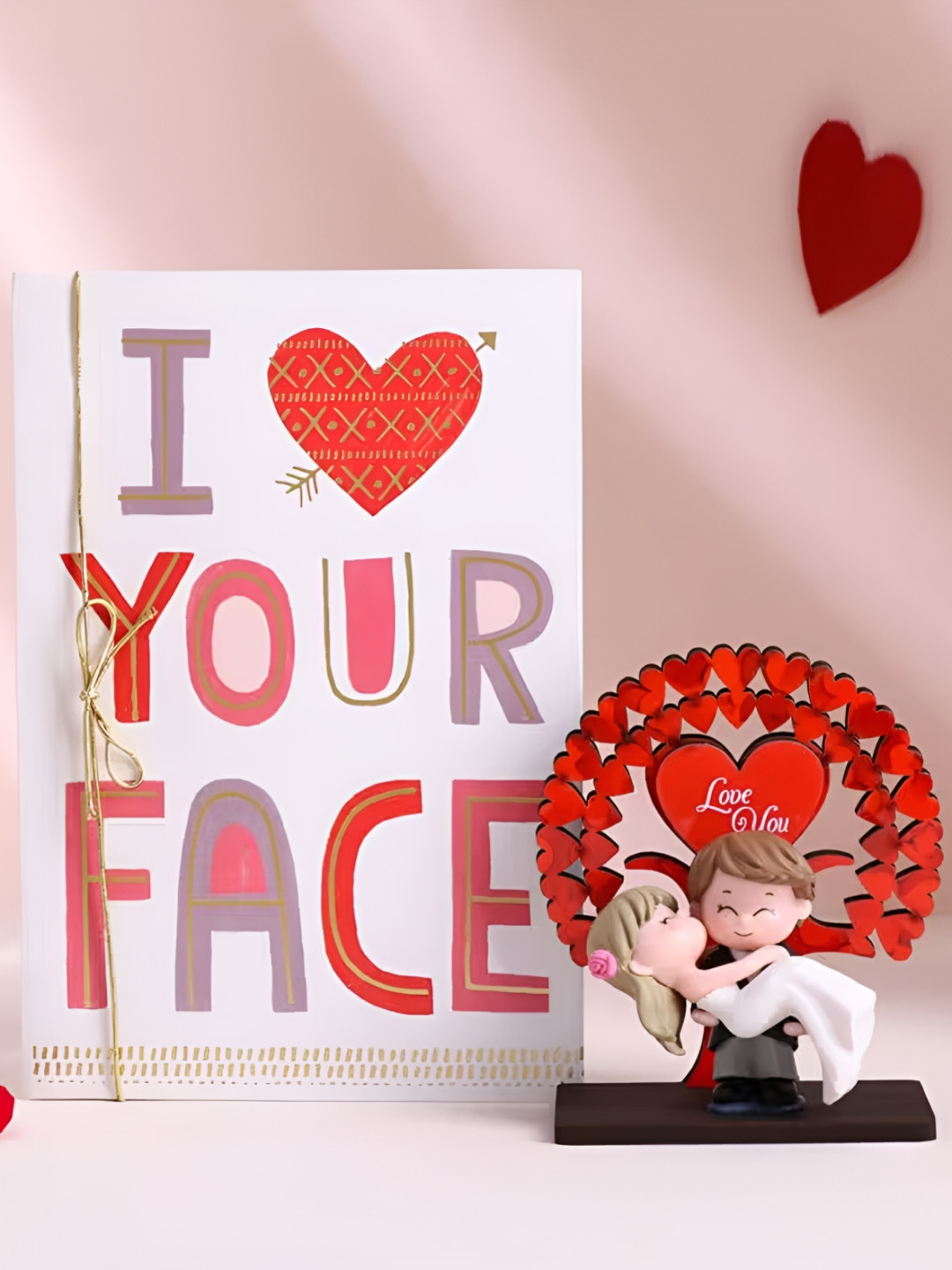 Floweraura Red & White 2 Pieces Love Greeting Card & Love Couple Showpiece Gift Set