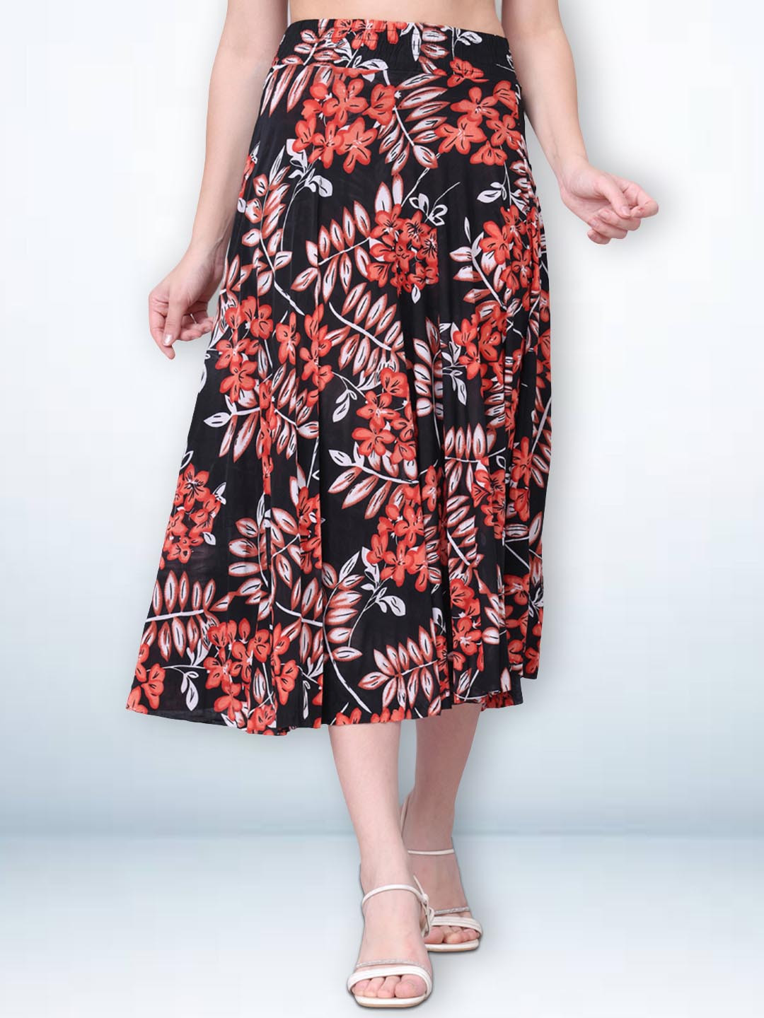 Jinfo Women Floral Printed Flared Midi Skirt With Inner Shorts