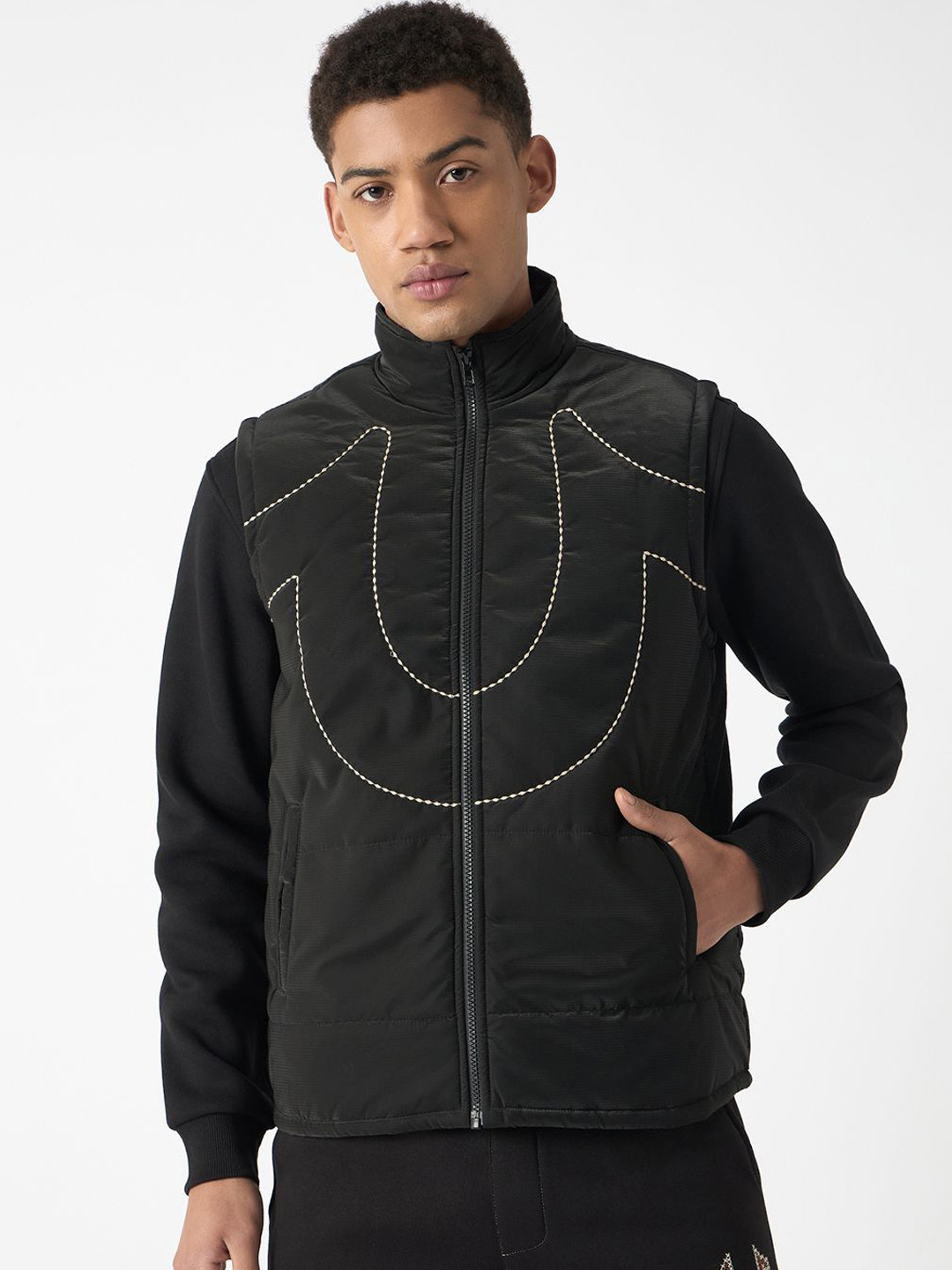 True Religion Men Solid Stand Collar Sleeveless Gilet Jacket