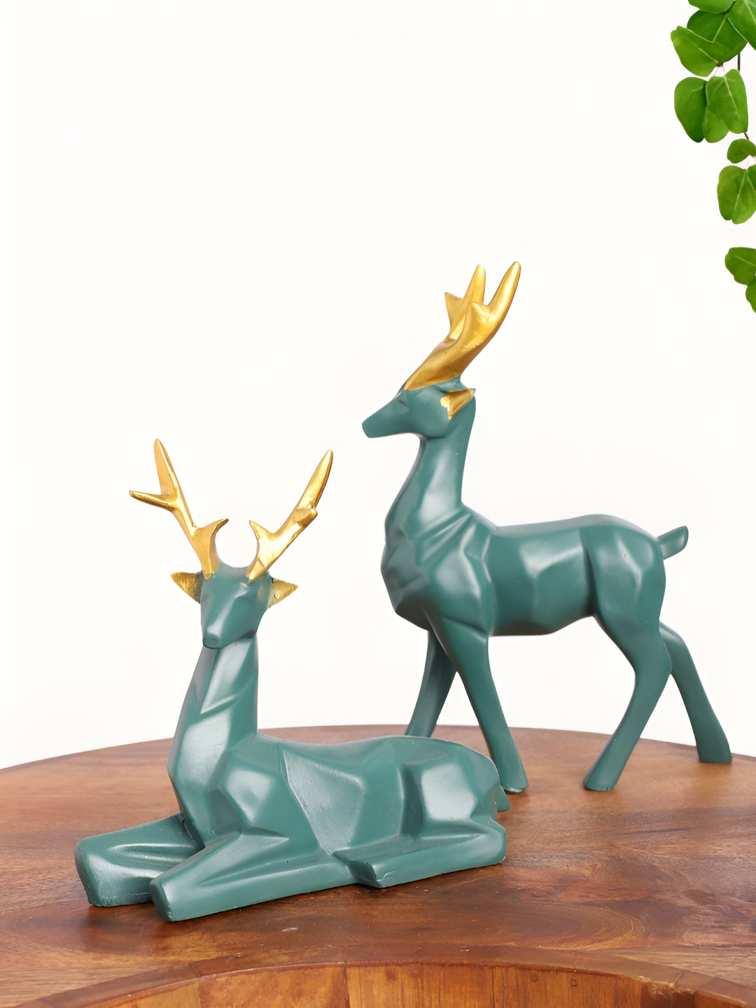 INTERNATIONAL GIFT Deer Pair Green Polyresin Glossy Living Room Set of 2 Medium Showpieces - 8.5 Inches